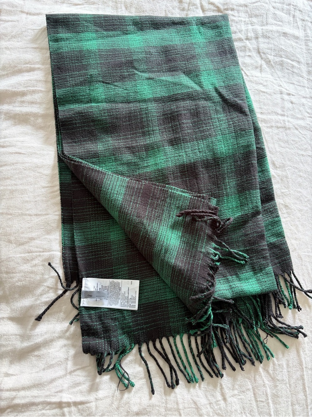 GAP Green and Black Plaid Fringe Scarf